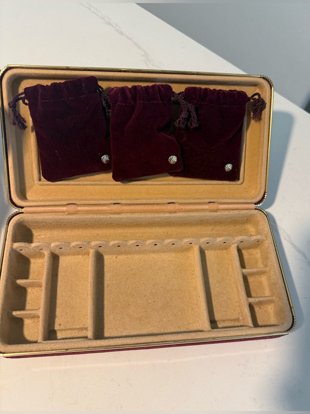 Vintage Burgundy Velvet Travel Jewelry Box 3 Pouches 10x5